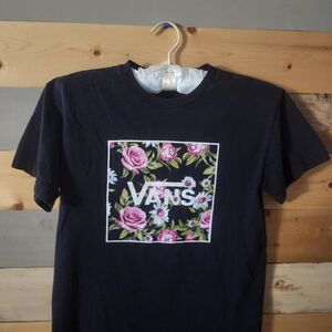 Vans Black Tee with Pink Floral Design Medium